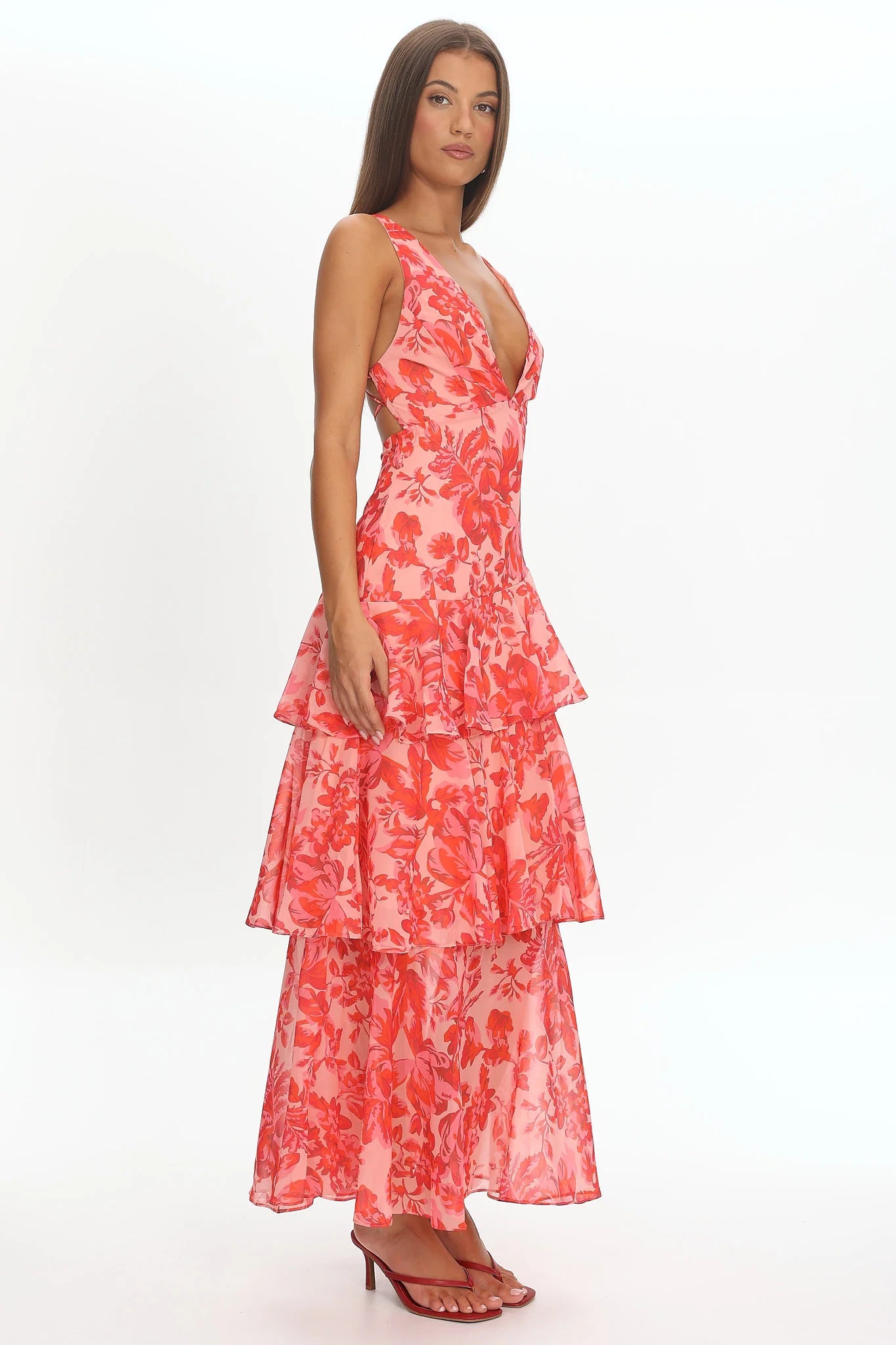 Veda Strappy Back Ruffle Midi Dress Floral Red