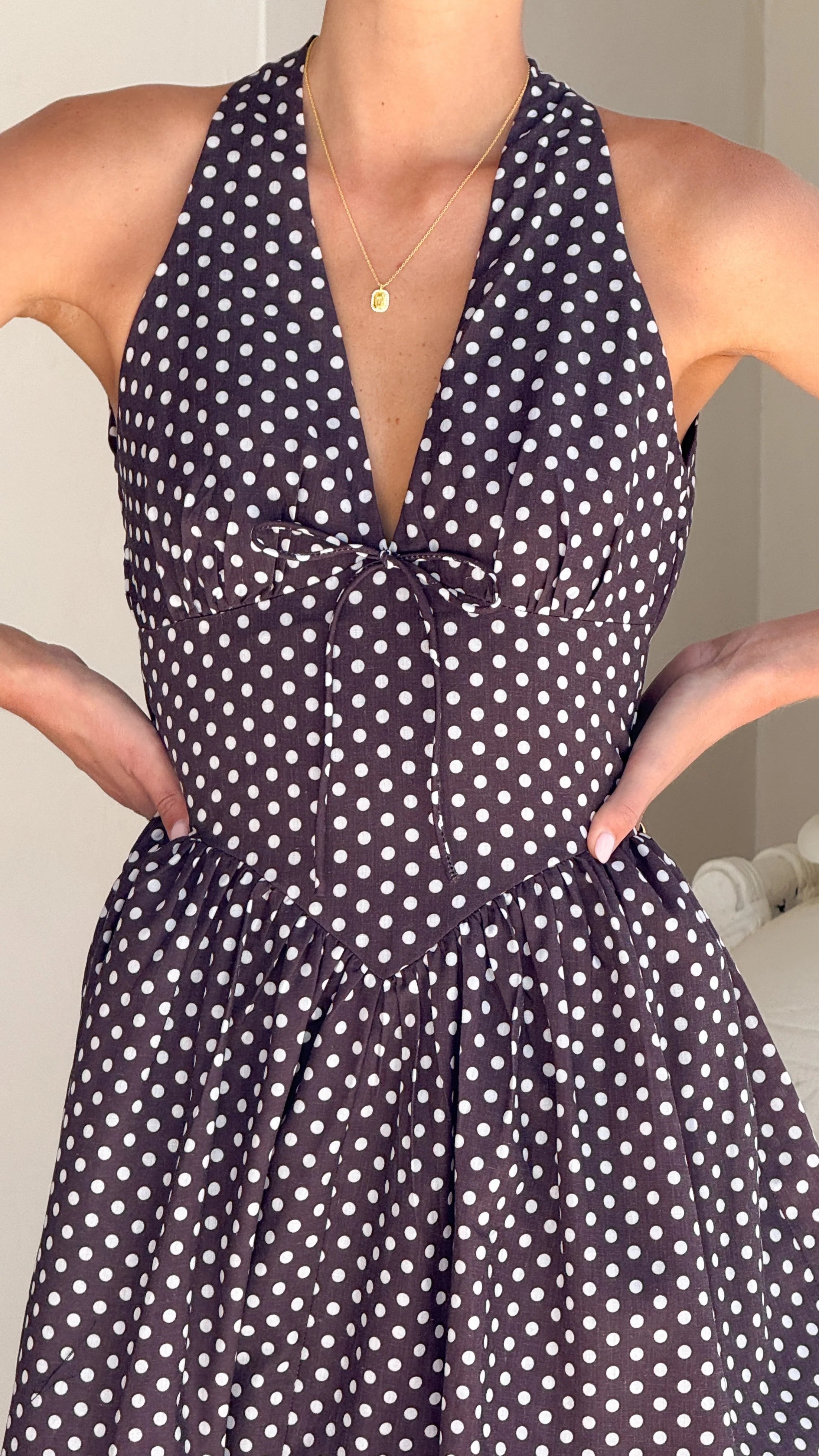 Rachel Tie Back Maxi Dress - Chocolate/White Spot