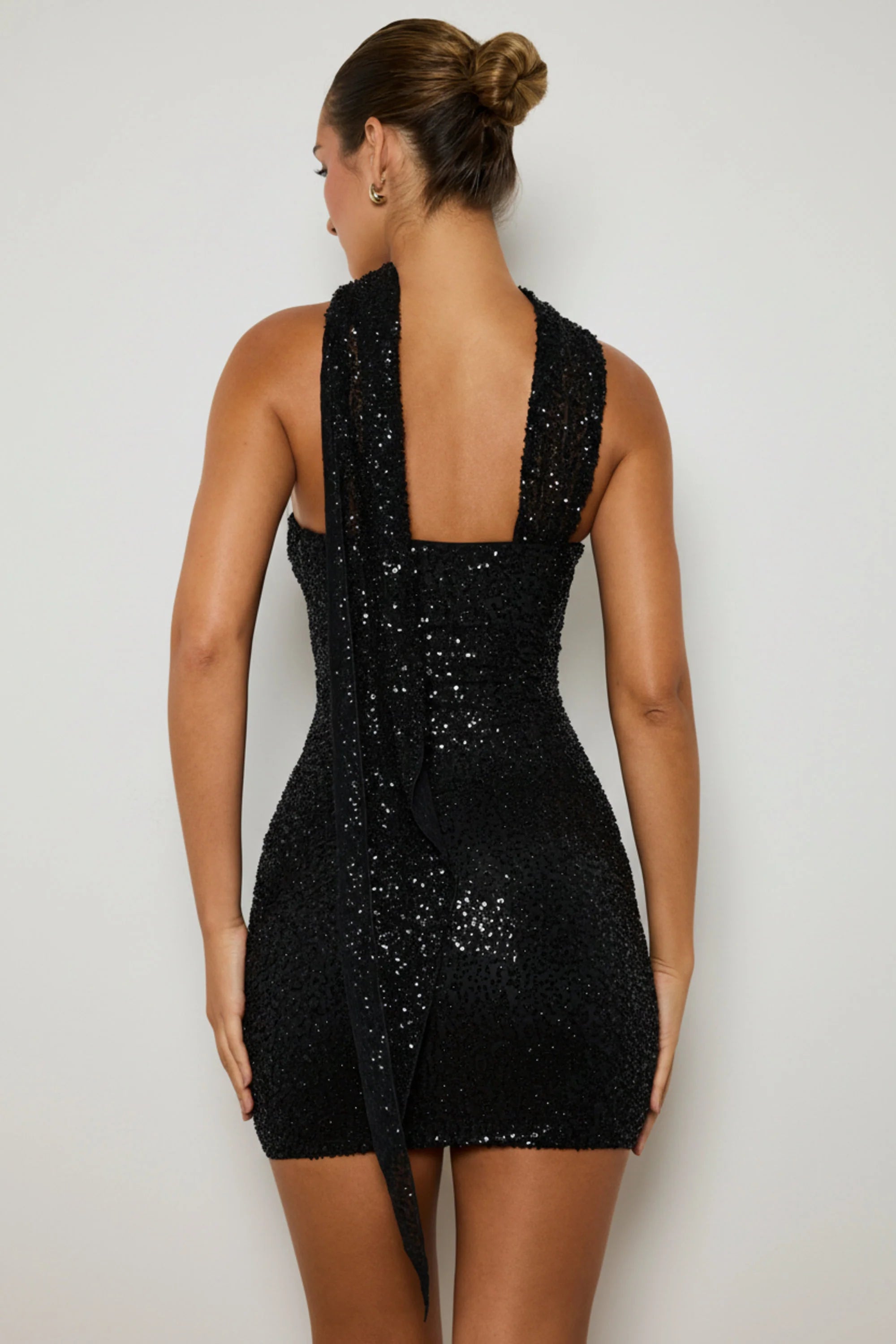 Embellished Scarf-Detail Mini Dress in Black
