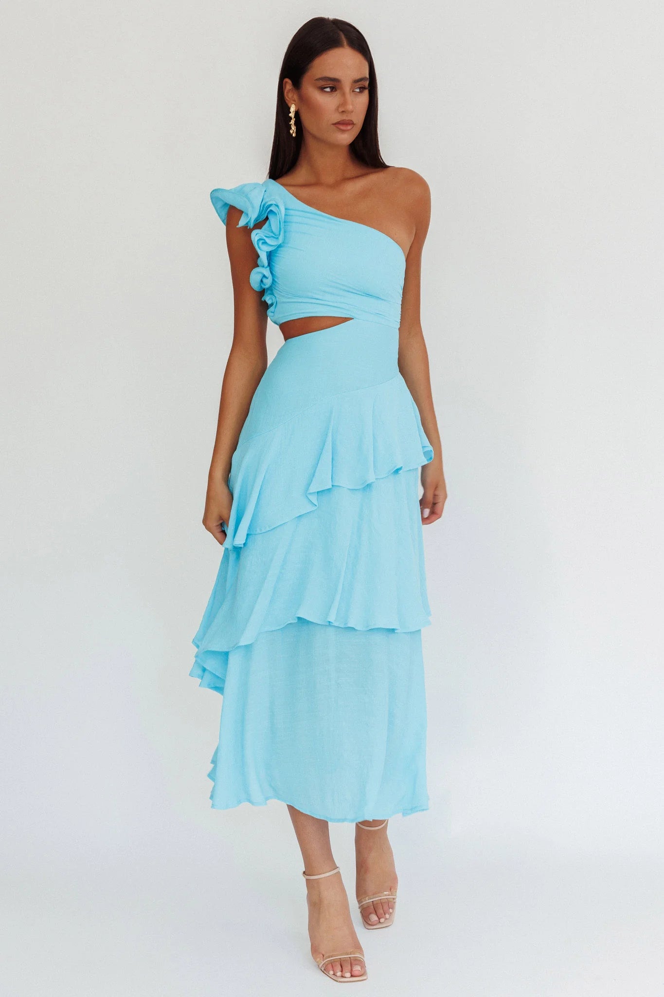 Deanna One-Shoulder Tiered Maxi Dress Blue