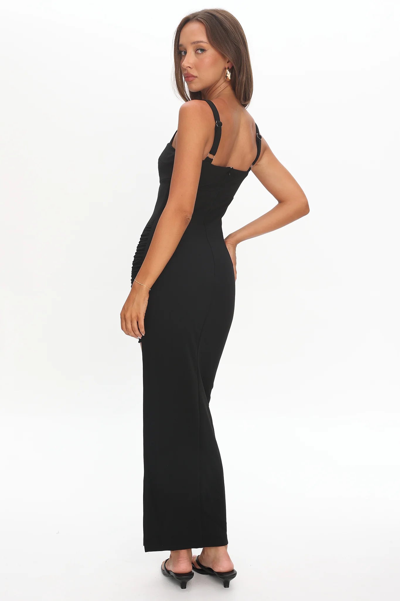 Zenya Split Ruched Midi Dress Black